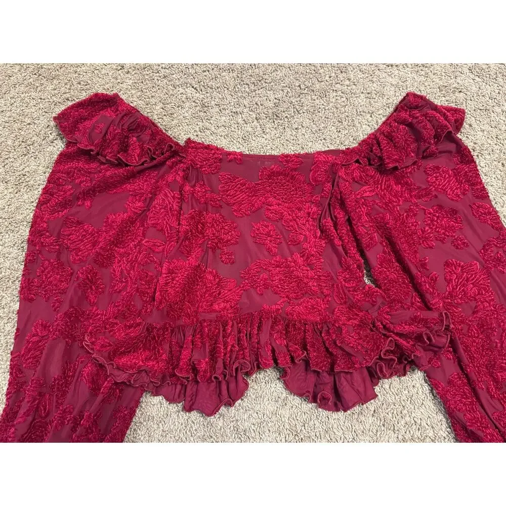 Anthropologie Red Velvet Burnout Peasant Blouse Romantic Cottagecore Top Sz S